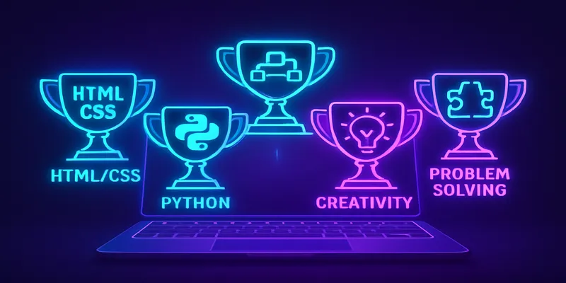 Achievement badges representing 5 key coding skills