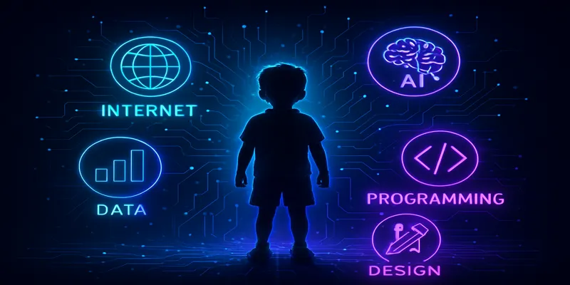 Child at center of a glowing digital world representing digital literacy